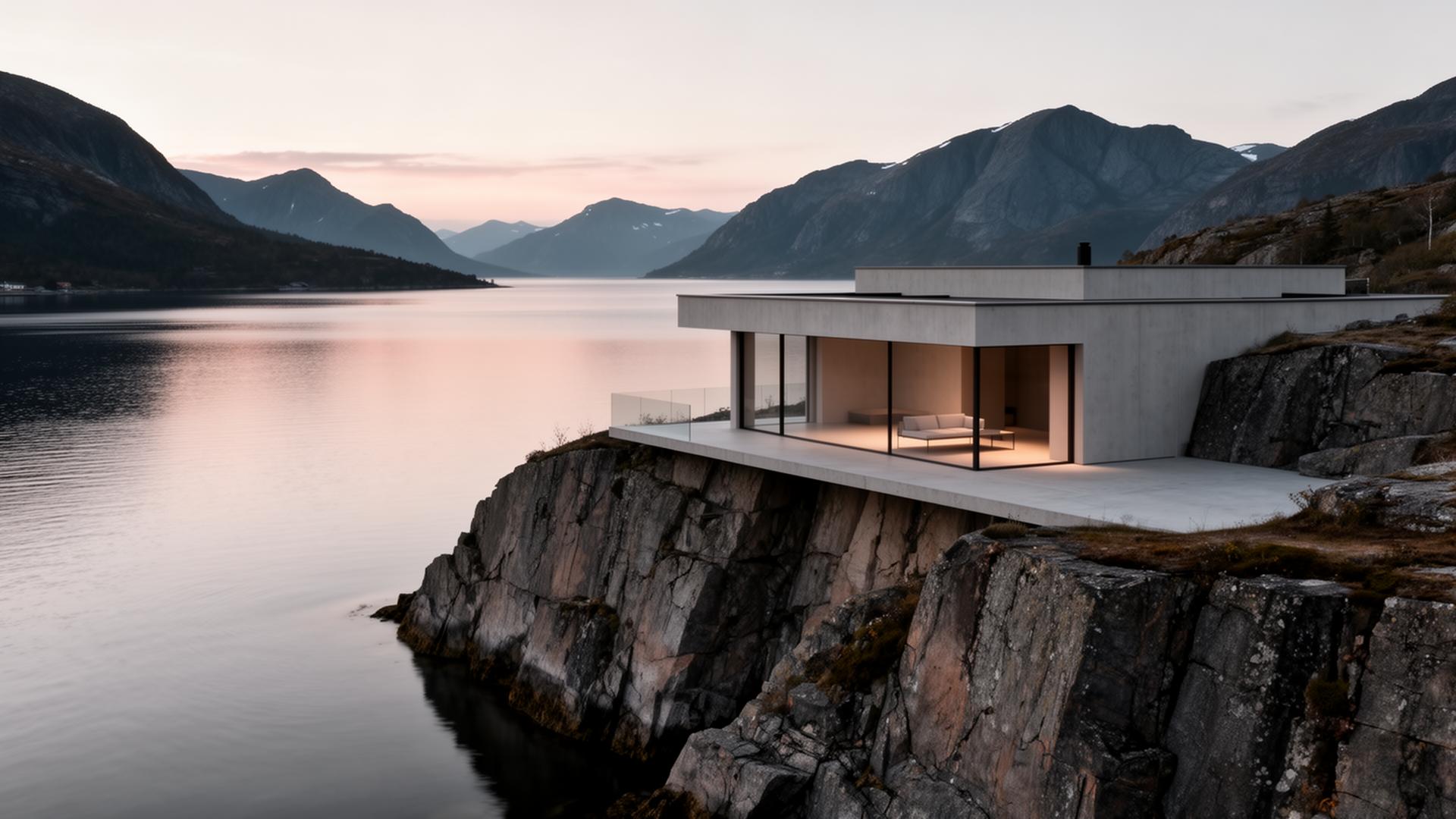 Minimalist Scandinavian home built into rocky cliffs over a fjord